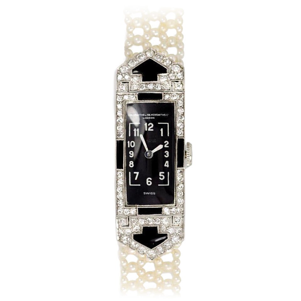 Vacheron Constantin Lady's Platinum Diamond Onyx Seed Pearl Wristwatch