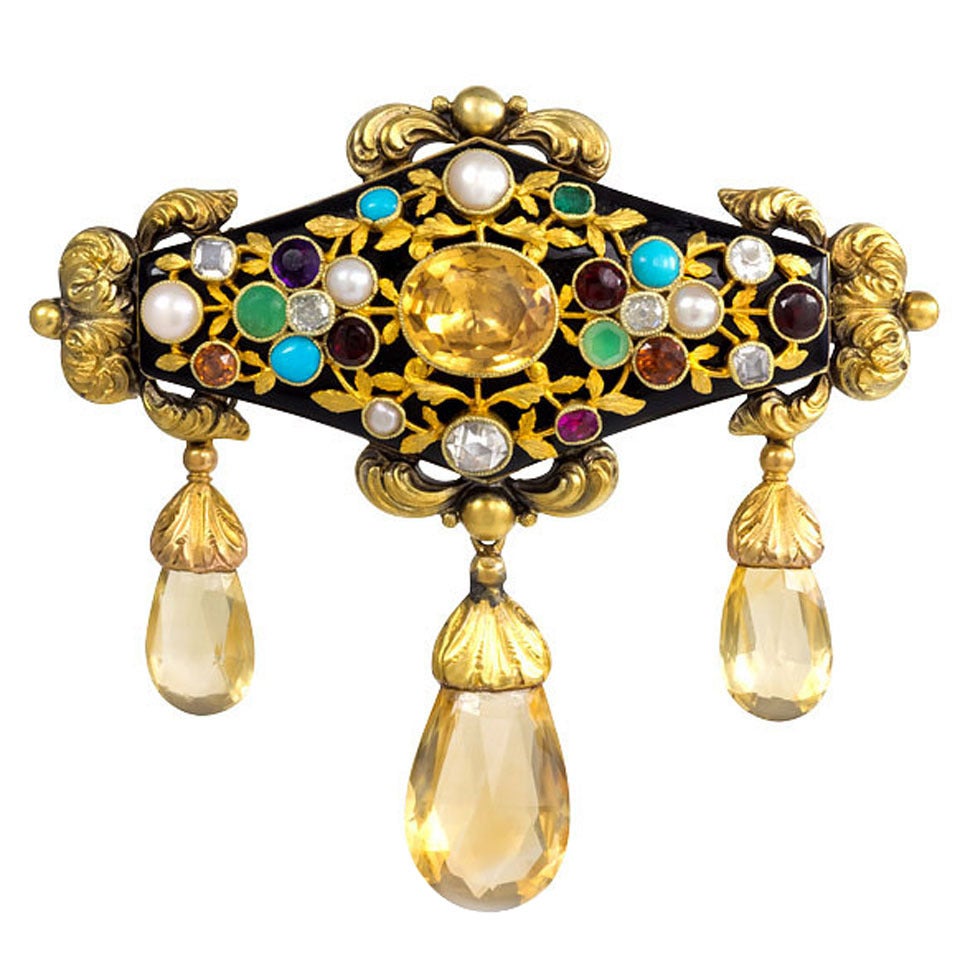 Antique Gold, Black Enamel and Multi-Gemstone Brooch with Citrine Drops