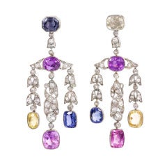 Antique Platinum, Diamond, and Multi-Colored Sapphire Earrrings