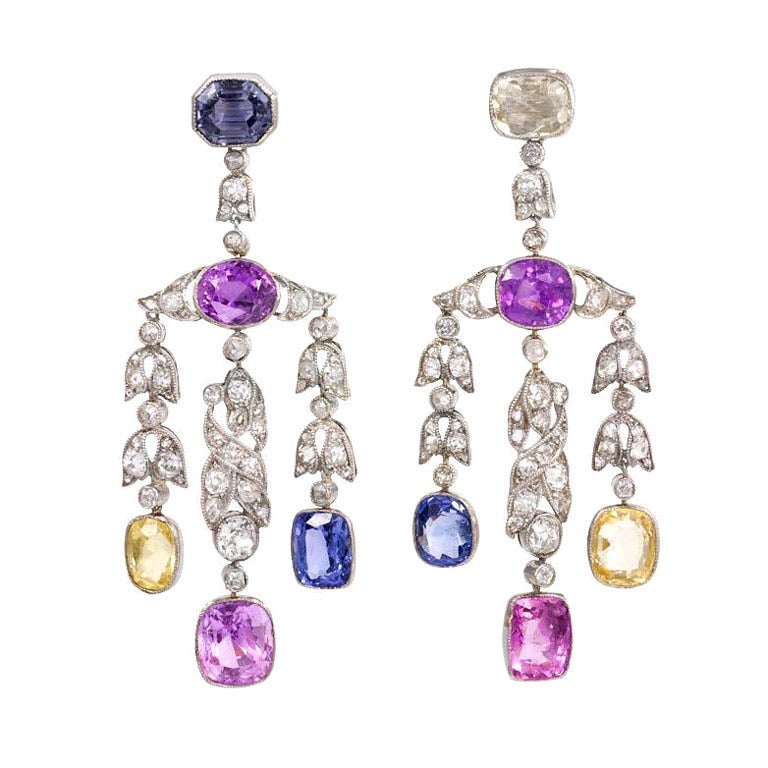 Platinum, Diamond, and Multi-Colored Sapphire Earrrings