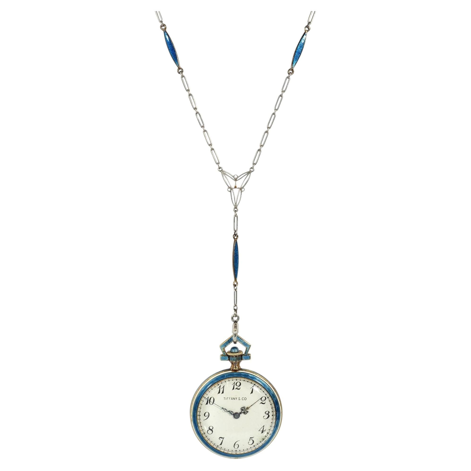 Tiffany & Co. blue enamel watch pendant necklace For Sale