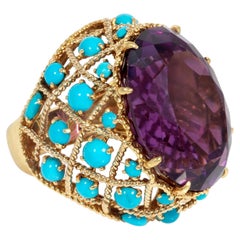 French Mid-Century amethyst and turquoise cocktail ring