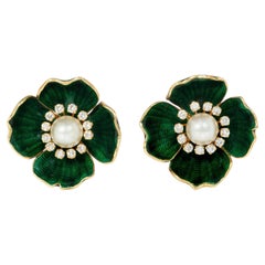 Boucheron, Paris interchangeable pearl, enamel and diamond flower earrings