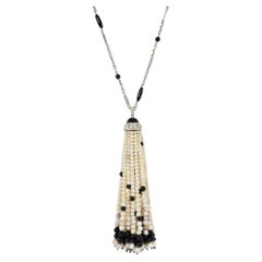 Art Deco onyx pearl and diamond tassel sautoir