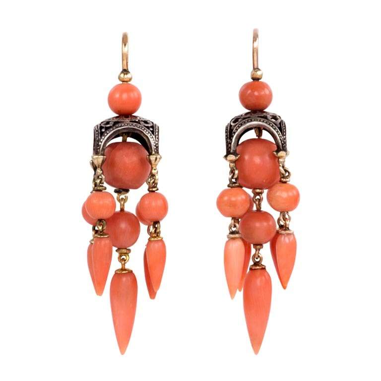 French Antique Coral and Gold Earrings