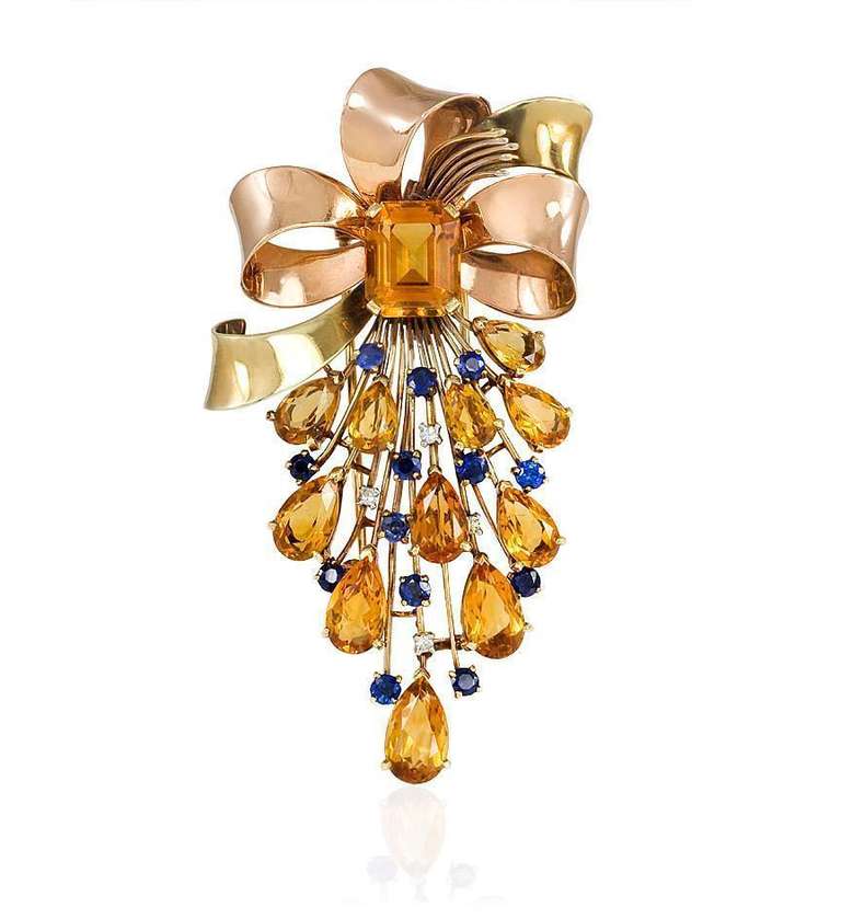 1940s Two-Color Gold, Citrine, Sapphire and Diamond Brooch