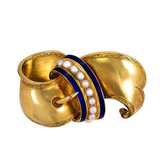 Victorian Gold Buckle Design Brooch with Enamel and Pearls