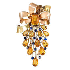 1940s Two-Color Gold, Citrine, Sapphire and Diamond Brooch