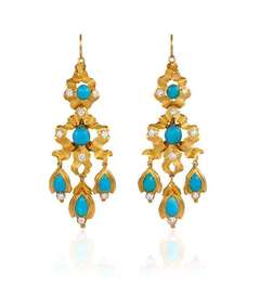 Antique Early 19th Century Turquoise Diamond Gold Earrings