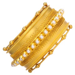 Victorian Pearl Gold Bangle Bracelet with Bead and Wirework