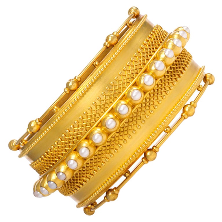 Victorian Pearl Gold Bangle Bracelet with Bead and Wirework at 1stDibs