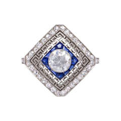 Antique Edwardian Sapphire Diamond Ring with Greek Key Design in Platinum