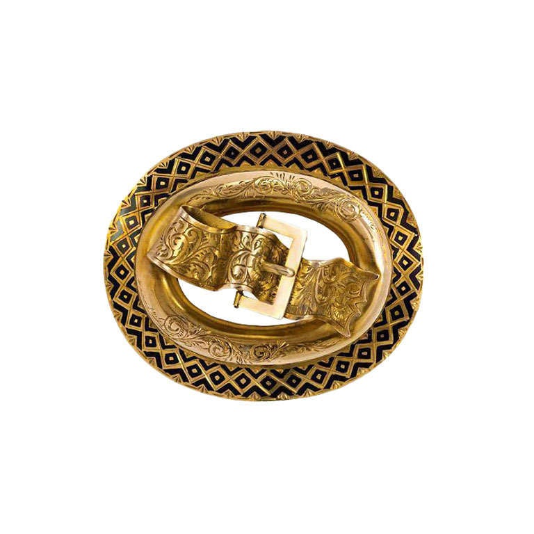 Victorian Black Enamel Gold Buckle Motif Brooch