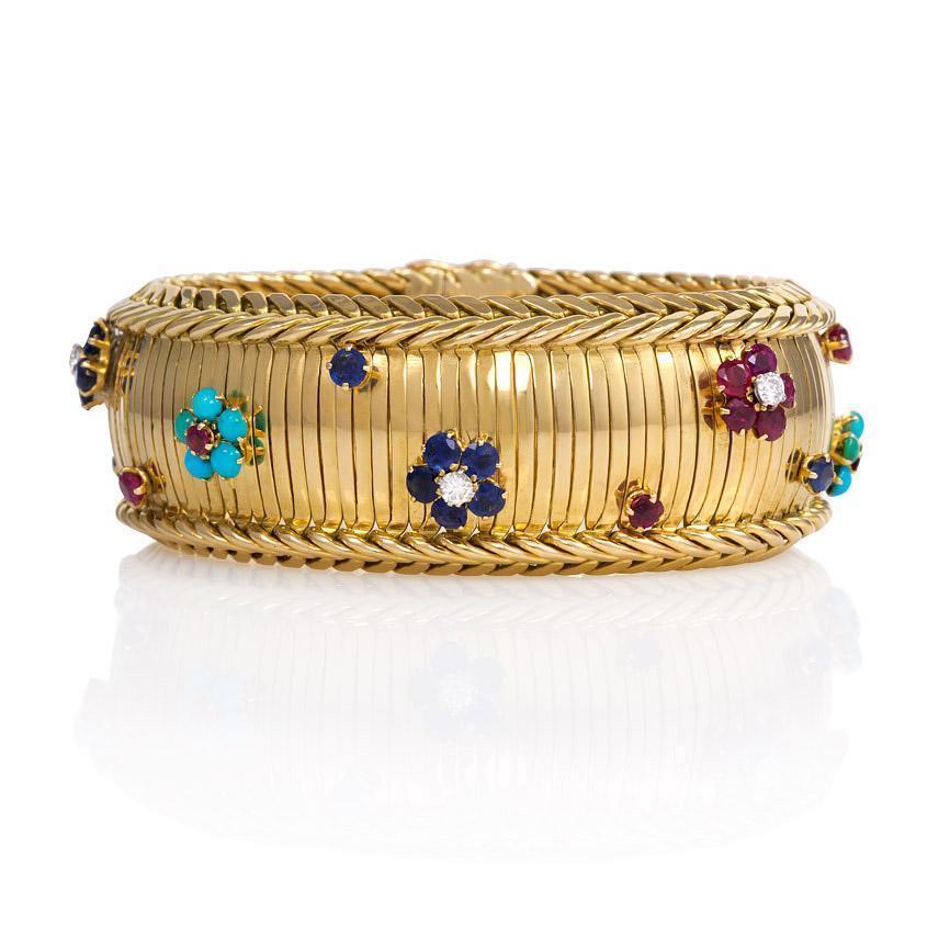 1950er Marchak Paris Edelsteinbesetztes Florales Goldarmband