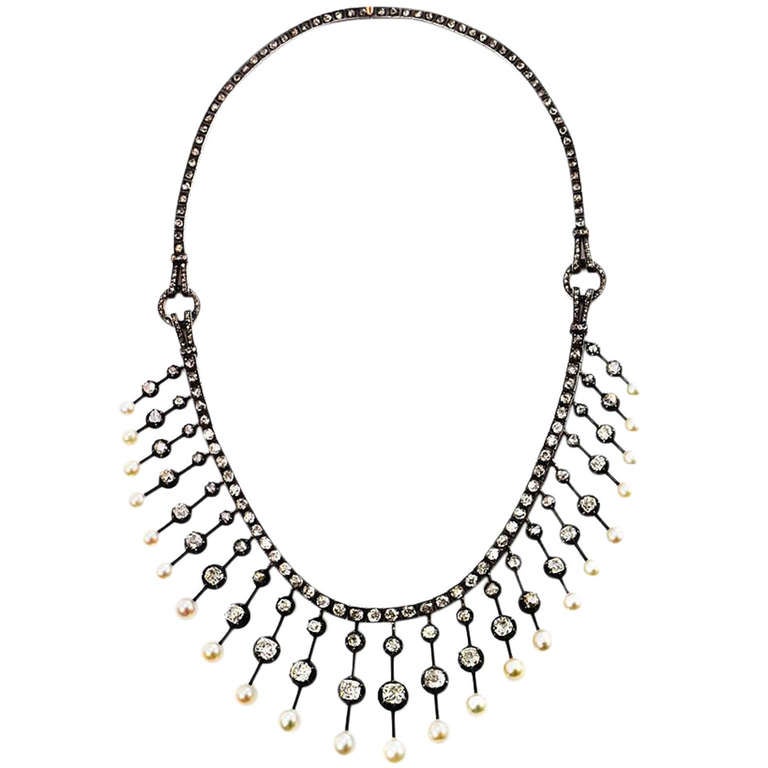 Halskette mit antiken natürlichen Perlen Diamant Silber Gold Fransen