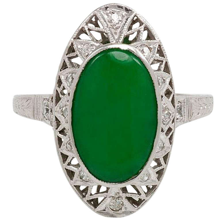 Art Deco Jade and Platinum Ring with Diamond Accents