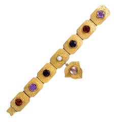 Antique English Multi Gemstone Gold Plaque Bracelet 11