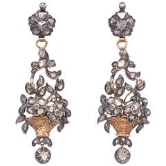 Antique Diamond Silver Gold Flower Basket Pendant Earrings