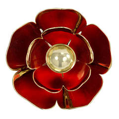 1940s Cartier Red Enamel Gold Flower Brooch