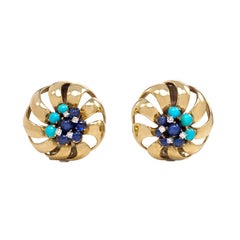 Retro Gold, Sapphire, Turquoise and Diamond Earrings