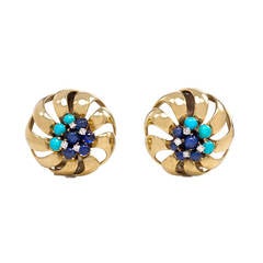 Retro Gold, Sapphire, Turquoise and Diamond Earrings 8
