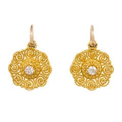 Antique Gold Cannetille Work Earrings with Diamond Centers