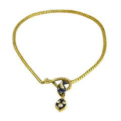 Antique Blue Enamel Gold Snake Necklace with Diamond and Pearl Accents
