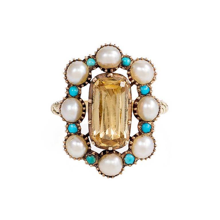 Antique Pearl Turquoise Gold Cluster Ring with Topaz Center