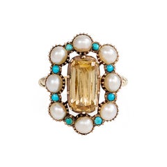 Antique Pearl Turquoise Gold Cluster Ring with Topaz Center