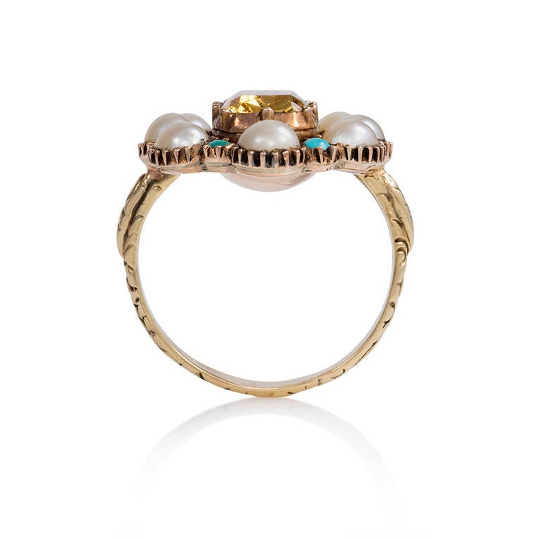Georgian Antique Pearl Turquoise Gold Cluster Ring with Topaz Center