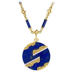 1970s Italian Lapis Diamond Gold Necklace with Pendant