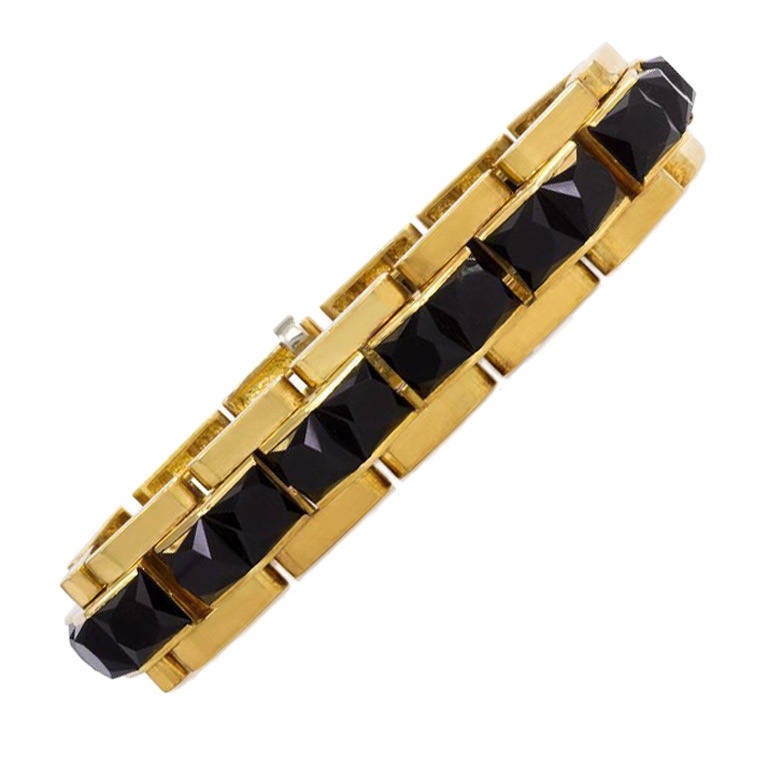 1950s Faceted Onyx Gold Bracelet