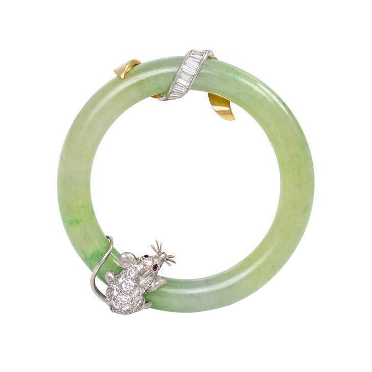 1950s Cartier Jadeite Ring Brooch with Diamond Mouse