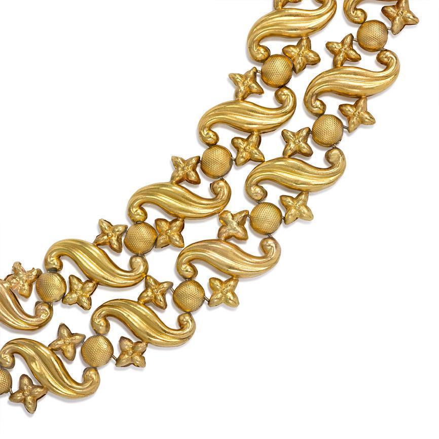 Antique Gold Two Row Necklace Of Repousse Links Antique Gold Two Row Necklace Of Repousse Links
