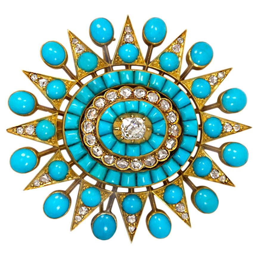 Antique Turquoise Diamond Gold Starburst Brooch