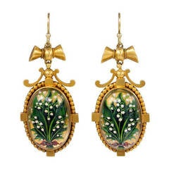 Antique Painted Reverse Crystal Gold Lily-of-the Valley Motif Earrings