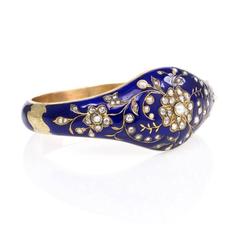 Antique Blue Enamel Pearl Diamond Gold Bangle Bracelet