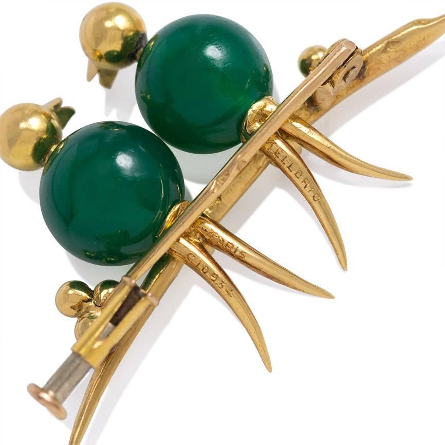 A Retro gold and chrysoprase bead brooch in the form of two lovebirds on a branch with their eggs, in 18k.  Mellerio dits Meller, Paris. #C10934.