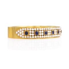 Antique Half-Pearl Sapphire Gold Bangle Bracelet