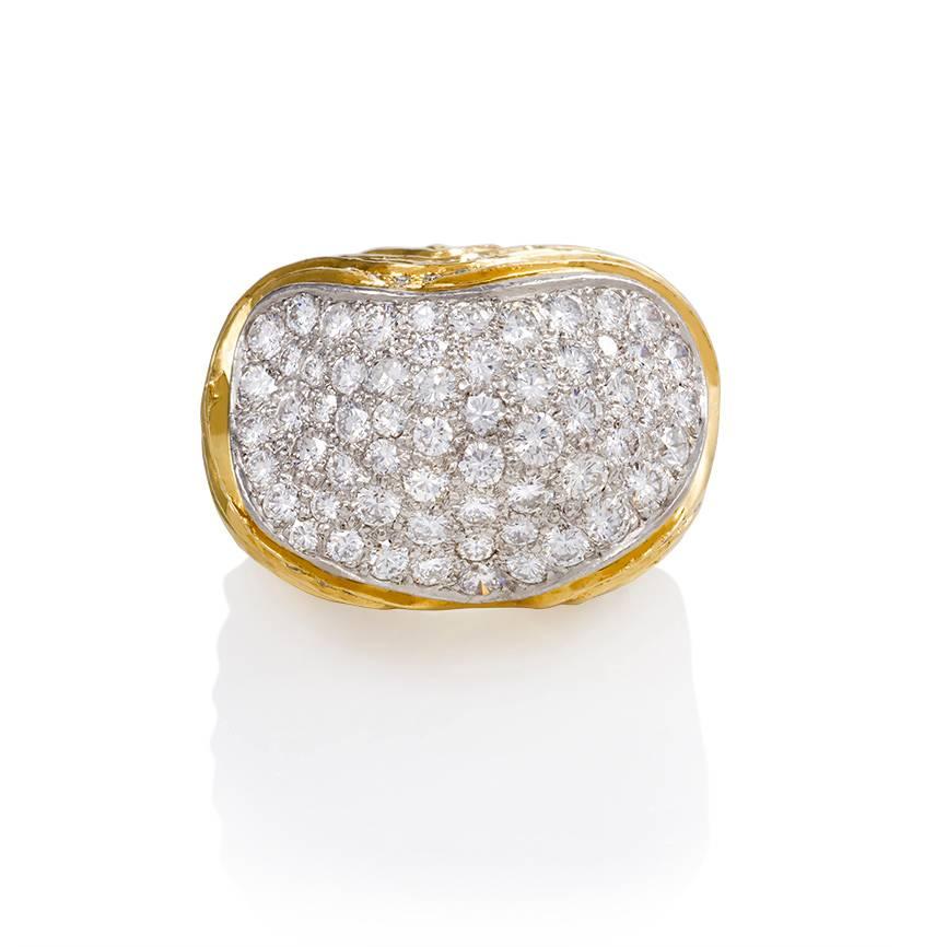 A gold and pavé diamond ring of stepped amorphous design with diamond-accented mount, in 18k and platinum.  Numbered #4775.  Atw. 5.02 cts.