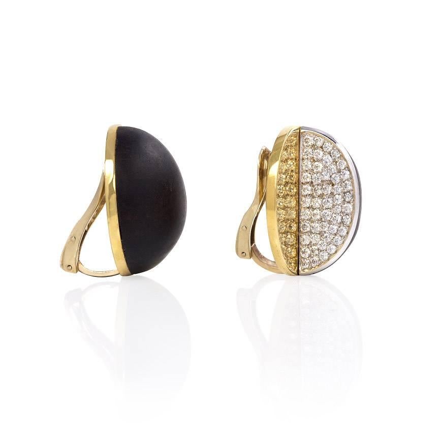 Modernist 1960s Ebony Diamond Gold Geometric Clip Earrings