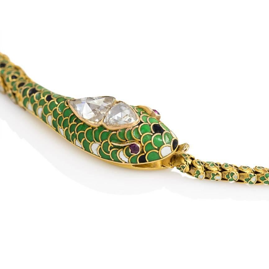 Victorian French Antique Enamel Gold Snake Necklace with Gem-Set Head