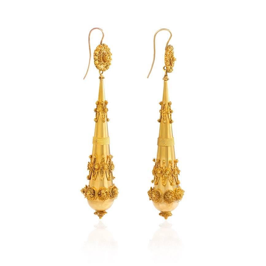 A pair of antique gold drop pendant earrings with applied cannetille wire-work, in 18k.