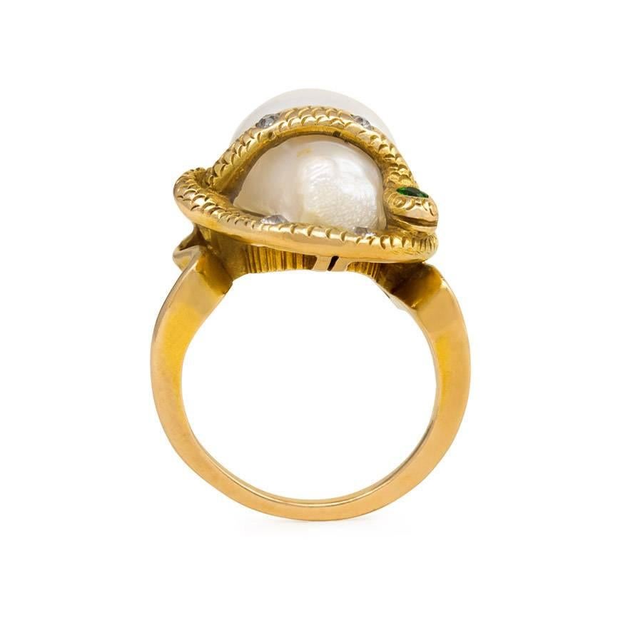 Art Nouveau Antique Freshwater Pearl and Gemset Gold Serpent Ring