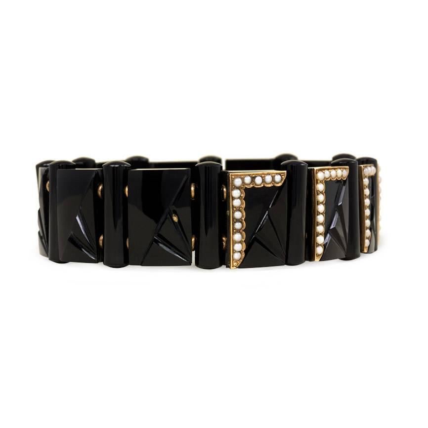 Pair of Victorian Onyx, Pearl and Gold Bracelets In Excellent Condition In New York, NY