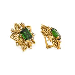 1960s Cartier Tourmaline  Diamond  Gold Clip Earrings
