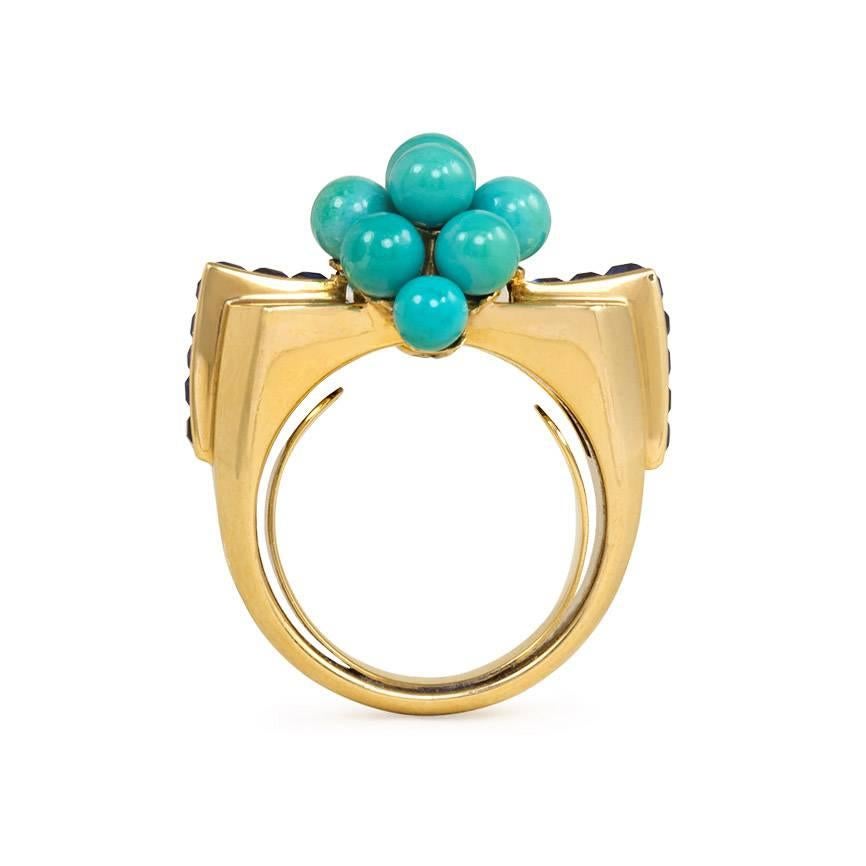 Retro Mauboussin Gold, Turquoise and Sapphire Ring In Excellent Condition In New York, NY