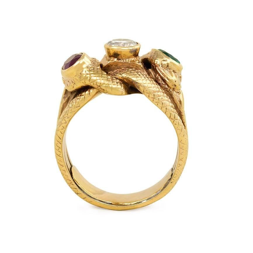 Victorian Antique Gold and Multi-Gemstone Double Serpent Ring
