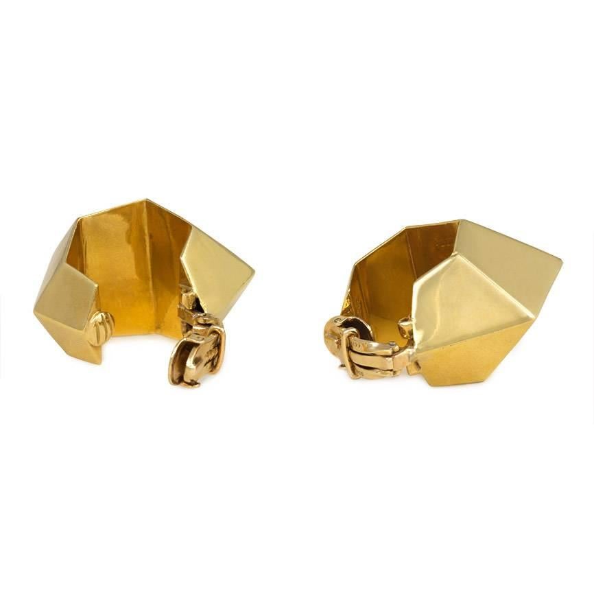 Modernist Cartier 1960s Gold Faceted Hoop Earrings