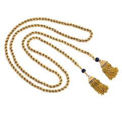 1950s Gold Lariat Necklace with Lapis and Gemset Tassels 12